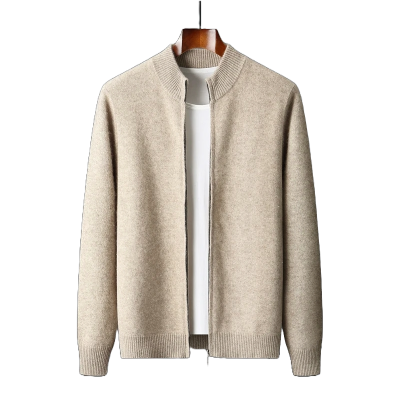 Merino Wool Zipped Solid Crew Neck Cardigan